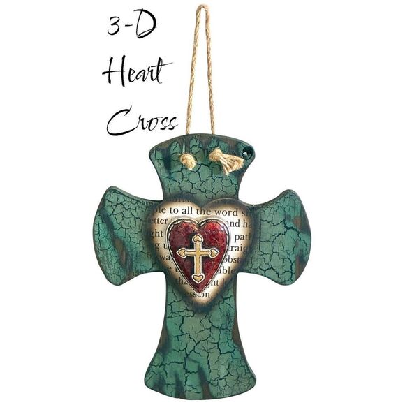 NWOT Montana West 3-D Crackled Green Scripture Heart Wall Cross - Picture 1 of 11